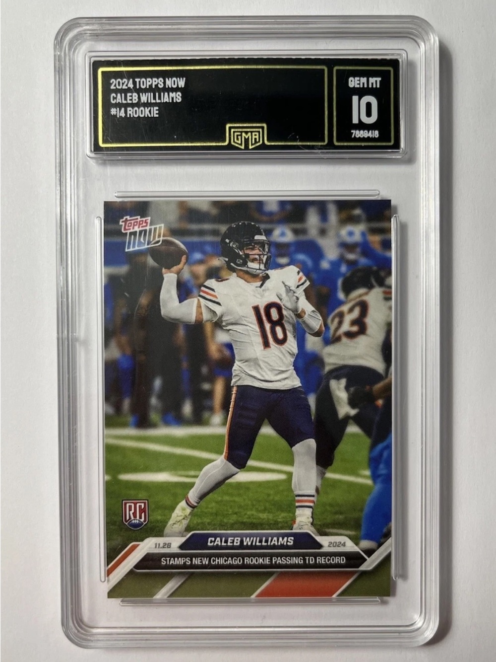 CALEB WILLIAMS RC GEM MINT 10 TOPPS NOW STAMPS #14 PASSING RECORD BEARS 2024!